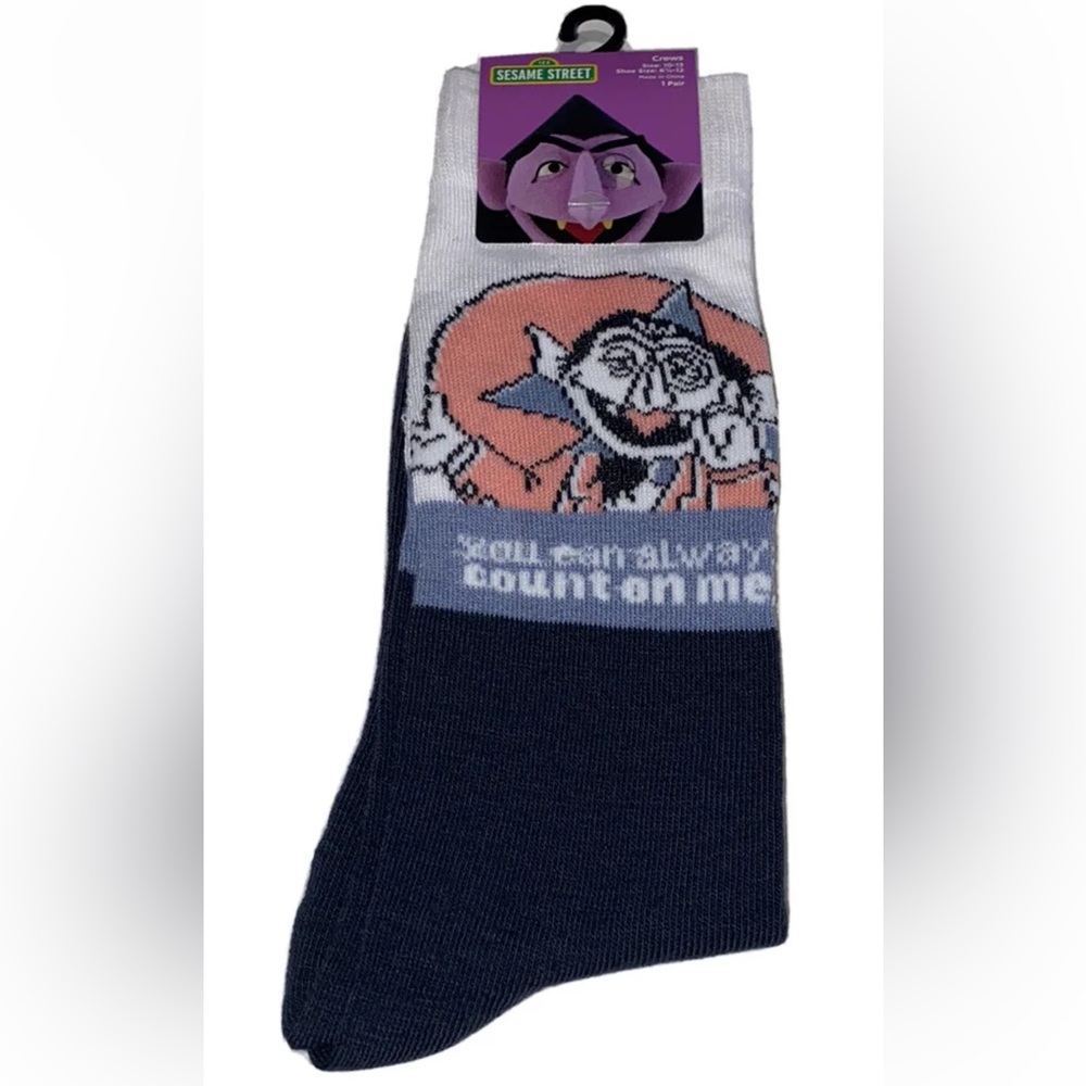 Sesame Street The Count Crew Socks 1 Pair Men's 6.5-12 Blue White Muppet Vampire